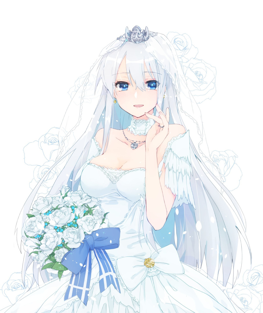 azur_lane bare_shoulders blue_eyes bouquet breasts bridal_veil bride cleavage collarbone commentary_request cowboy_shot crown dress earrings enterprise_(azur_lane) eyebrows_visible_through_hair eyelashes fingernails floating_hair flower hand_up highres holding holding_bouquet jewelry long_hair looking_at_viewer medallion medium_breasts mini_crown neck_garter parted_lips ribbon ring rose shichijou_natori silver_hair smile solo veil wedding_dress wedding_ring white_dress white_flower white_rose