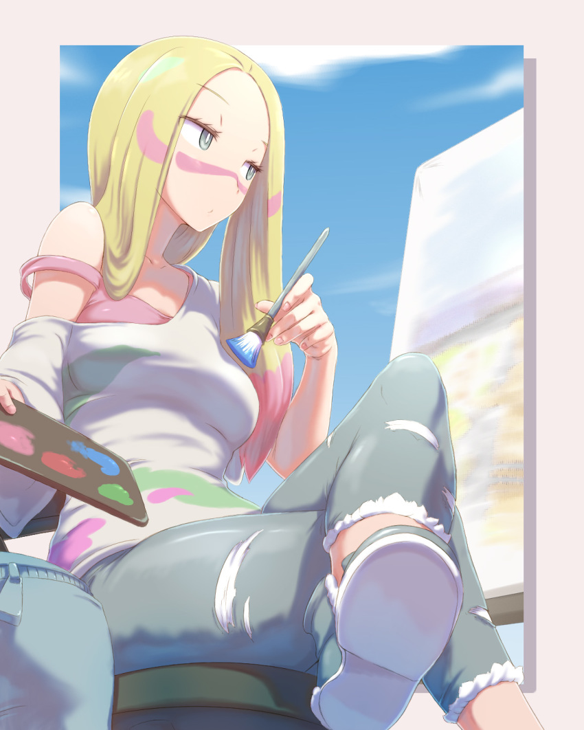 bag blonde_hair blue_eyes blue_sky bra breasts bright_pupils canvas_(object) closed_mouth collarbone crossed_legs cutoffs day facepaint forehead grey_footwear grey_pants half-closed_eyes highres holding holding_brush kous_(onetwojustice) long_hair matsurika_(pokemon) medium_breasts nail_polish off_shoulder outdoors outside_border paintbrush pants pink_bra pink_nails pokemon pokemon_(game) pokemon_sm shirt shoe_soles shoes single_bare_shoulder sitting sky solo stool strap_slip torn_clothes torn_pants underwear white_shirt