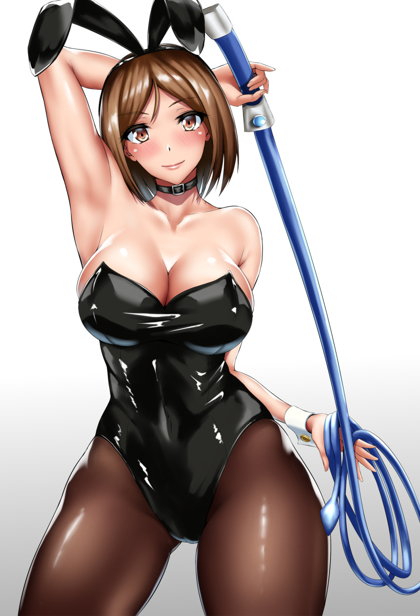 animal_ears black_legwear black_leotard breasts brown_eyes brown_hair bunny_ears bunny_tail bunnysuit choker cleavage cowboy_shot fake_animal_ears gradient gradient_background highres large_breasts leotard lips looking_at_viewer pantyhose short_hair smile solo standing strapless strapless_leotard tail tama_(tamakaka1031) the_king_of_fighters whip whip_(kof) white_background wrist_cuffs