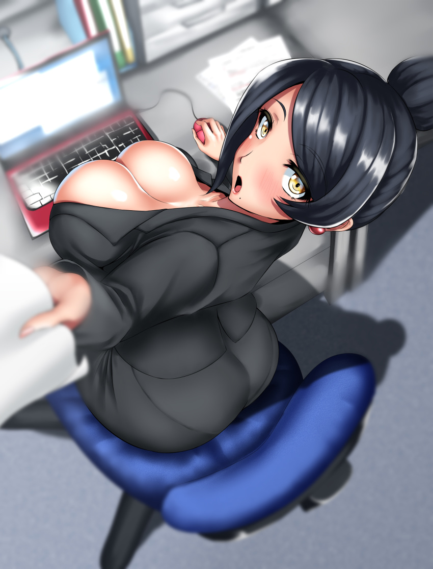 bangs bijin_onna_joushi_takizawa-san black_hair blush breasts chair cleavage collarbone commentary_request computer desk earrings eyebrows_visible_through_hair folder formal from_above hair_bun highres holding holding_paper jewelry laptop large_breasts looking_at_viewer looking_back mature mole mole_under_mouth mouse_(computer) office_chair office_lady open_mouth outstretched_hand panties paper solo swept_bangs takizawa_kyouko tama_(tamakaka1031) underwear yellow_eyes