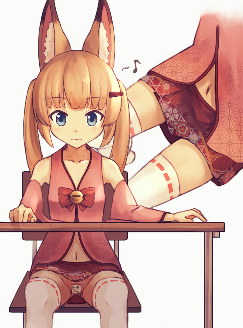 :3 animal_ear_fluff animal_ears asa_no_ha_(pattern) bell blonde_hair blue_eyes chair desk detached_sleeves eighth_note fox_ears hair_ornament hairclip hakase_(kamakura0117) highres jingle_bell kemomimi_oukoku_kokuei_housou long_hair maebari mikoko_(kemomimi_oukoku_kokuei_housou) miniskirt musical_note navel no_panties pink_shirt red_skirt shirt simple_background sitting skirt smile solo spread_legs thighhighs twintails upskirt virtual_youtuber white_background white_legwear