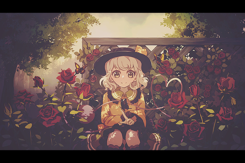 bangs black_hat black_skirt blonde_hair blush bug butterfly butterfly_on_hand closed_mouth cloud cloudy_sky day dise eyebrows_visible_through_hair feet_out_of_frame fence flower frilled_shirt_collar frilled_sleeves frills green_eyes hair_ribbon hat insect komeiji_koishi letterboxed long_sleeves looking_at_viewer medium_skirt outdoors plant red_flower red_rose ribbon rose shirt short_hair sitting skirt sky smile solo tareme touhou tree wide_sleeves wooden_fence yellow_ribbon yellow_shirt