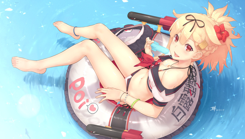 adam700403 anthropomorphism barefoot bikini blonde_hair braids breasts kantai_collection ponytail popsicle red_eyes short_hair swim_ring swimsuit water wristwear yuudachi_(kancolle)