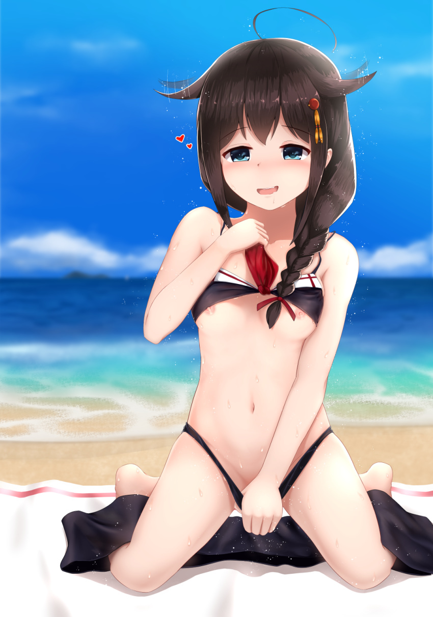 :d adapted_costume afterimage ahoge bangs bare_arms bare_shoulders barefoot beach_towel bikini bikini_lift bikini_pull black_bikini blue_eyes blue_sky blurry blurry_background blush braid breasts cloud convenient_arm day depth_of_field dkaze eyebrows_visible_through_hair full_body hair_flaps hair_ornament hair_over_shoulder hair_ribbon hairpin half-closed_eyes heart highres kantai_collection kneeling lifted_by_self long_hair looking_at_viewer motion_lines naughty_face navel nipple_slip nipples nose_blush ocean open_mouth pulled_by_self red_ribbon remodel_(kantai_collection) ribbon sailor_bikini sailor_collar shigure_(kantai_collection) sidelocks single_braid sky small_breasts smile solo stomach swimsuit tareme towel water water_drop wet