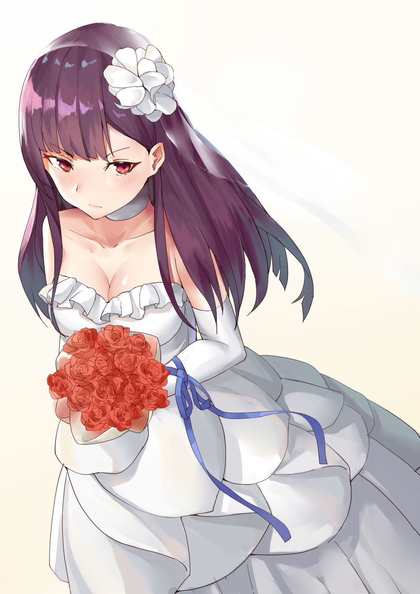 absurdres alternate_costume alternate_hairstyle arm_ribbon bangs bare_shoulders beige_background blue_ribbon blunt_bangs blush bouquet breasts bridal_veil choker cleavage closed_mouth collarbone commentary_request dress elbow_gloves eyebrows_visible_through_hair flower girls_frontline gloves gradient gradient_background hair_flower hair_ornament highres holding holding_bouquet large_breasts long_hair looking_at_viewer madao purple_hair red_eyes red_flower red_rose ribbon rose sidelocks solo strapless strapless_dress veil very_long_hair wa2000_(girls_frontline) wedding_dress white_gloves
