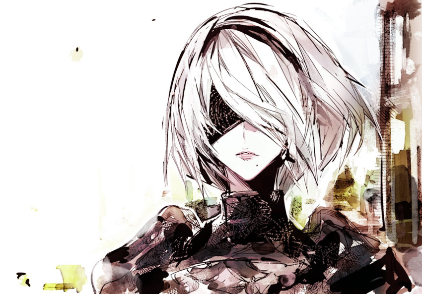 black_dress black_hairband blindfold dress facing_viewer hairband juliet_sleeves lips long_sleeves mole mole_under_mouth nier_(series) nier_automata parted_lips puffy_sleeves short_hair solo tima turtleneck white_hair yorha_no._2_type_b