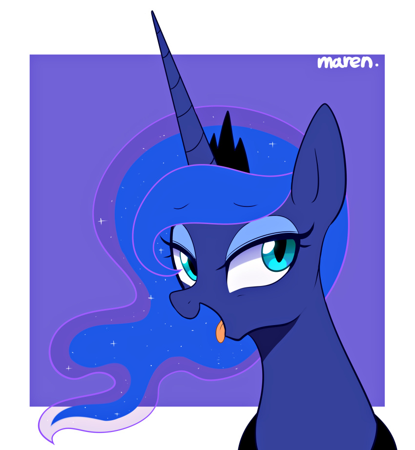 2018 absurd_res blue_eyes blue_hair border digital_media_(artwork) equine eyelashes female friendship_is_magic hair hi_res horn long_hair looking_at_viewer mammal marenlicious my_little_pony open_mouth princess_luna_(mlp) simple_background solo tongue tongue_out unicorn white_border