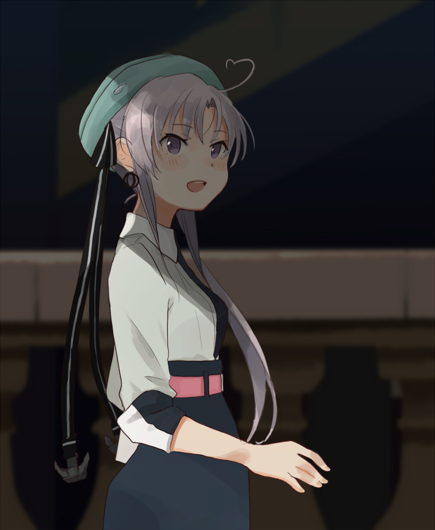 :d ahoge akitsushima_(kantai_collection) alternate_costume annin_musou black_ribbon commentary earrings green_hat hat highres jewelry kantai_collection long_hair open_mouth purple_eyes purple_hair ribbon side_ponytail smile solo