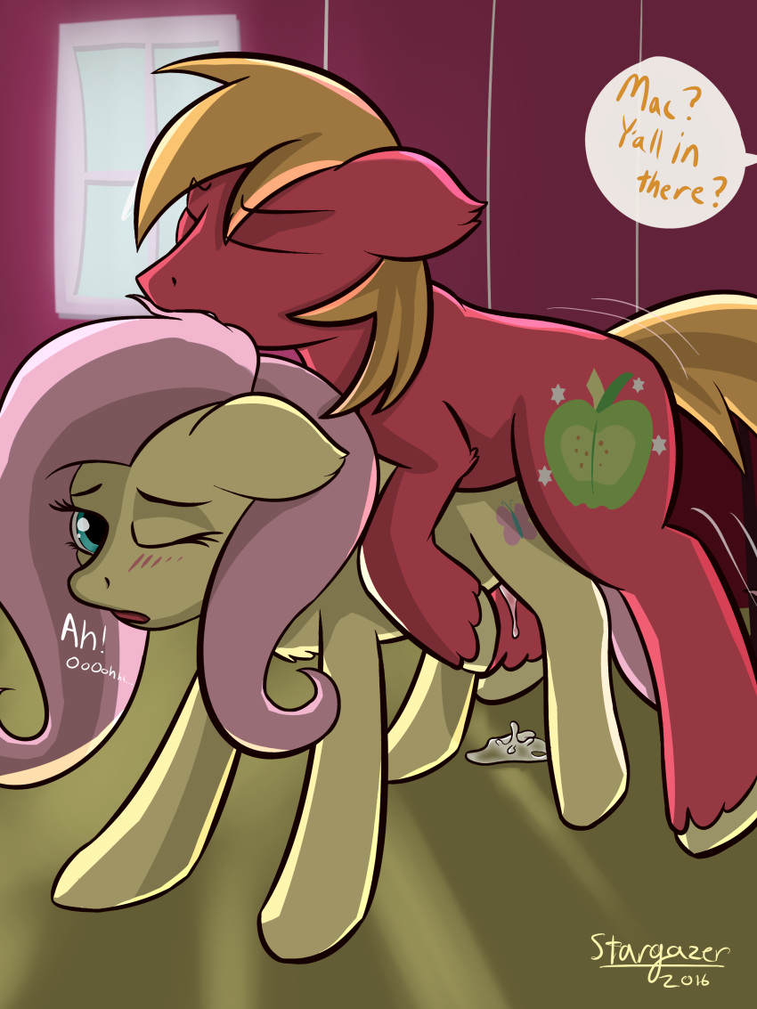 2016 applejack_(mlp) big_macintosh_(mlp) blonde_hair blush cum cutie_mark duo earth_pony english_text equine female feral fluttershy_(mlp) friendship_is_magic fur hair hi_res horse inside male mammal my_little_pony pink_hair pony red_fur sex stargazer text unseen_character window yellow_fur