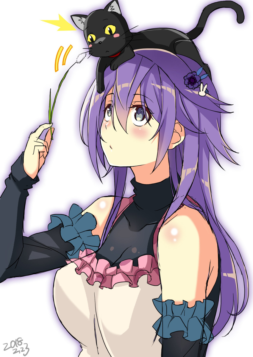 absurdres anemone_(flower_knight_girl) animal animal_on_head apron bare_shoulders blush bunny_hair_ornament cat cat_on_head commentary_request dated detached_sleeves flower flower_knight_girl hair_flower hair_ornament highres hihiirokane_m looking_up on_head purple_eyes purple_hair sketch upper_body white_background