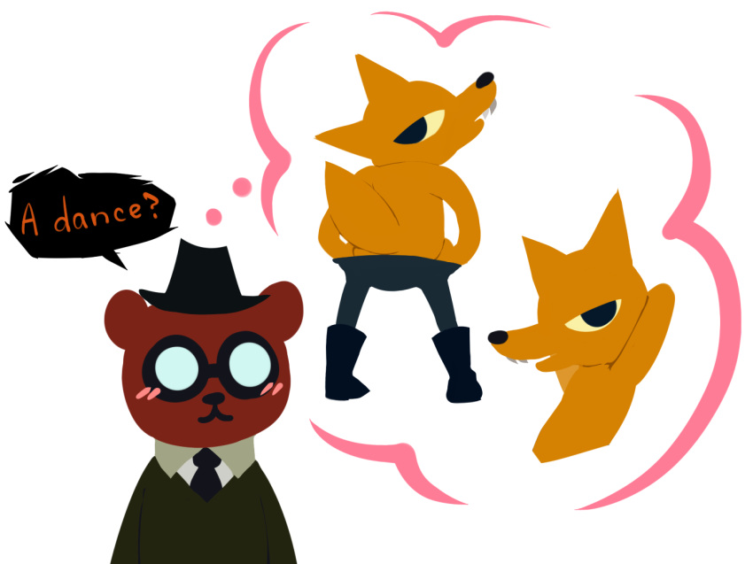 4:3 angus_(nitw) anthro bear bedroom_eyes blue_eyes blush bodoodles brown_fur canine clothed clothing cute dancing eyewear fangs fox fur glasses gregg_(nitw) half-closed_eyes hat male mammal night_in_the_woods seductive simple_background smile striptease thinking thought_bubble topless yellow_fur