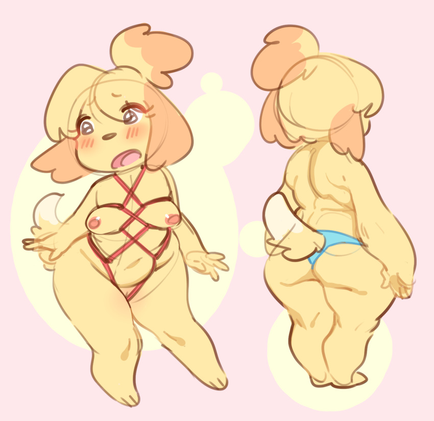 animal_crossing anthro barely_visible_genitalia big_butt blush bound breasts butt canine clothing female fur furgonomics glacierclear isabelle_(animal_crossing) mammal nintendo open_mouth panties pussy rear_view rope rope_bondage rope_harness slightly_chubby small_breasts solo standing subtle_pussy thick_thighs underwear video_games wide_hips yellow_fur yellow_theme