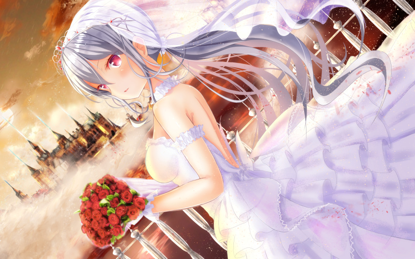 bare_shoulders bouquet breasts bridal_veil castle dress dutch_angle fantasy flower girlfriend_(kari) highres holding holding_bouquet long_hair looking_at_viewer masa_(mirage77) medium_breasts pink_eyes ponytail railing shigeto_akiho silver_hair solo standing sunset tiara veil white_dress