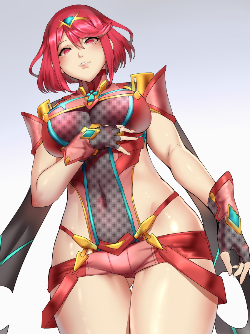 absurdres ass_visible_through_thighs blush breasts commentary_request covered_navel cowboy_shot fingerless_gloves from_below gloves hair_ornament highres hips homura_(xenoblade_2) jewelry kumiko_shiba large_breasts looking_down red_eyes red_hair revealing_clothes shiny shiny_skin short_hair short_shorts shorts sidelocks simple_background solo tiara xenoblade_(series) xenoblade_2