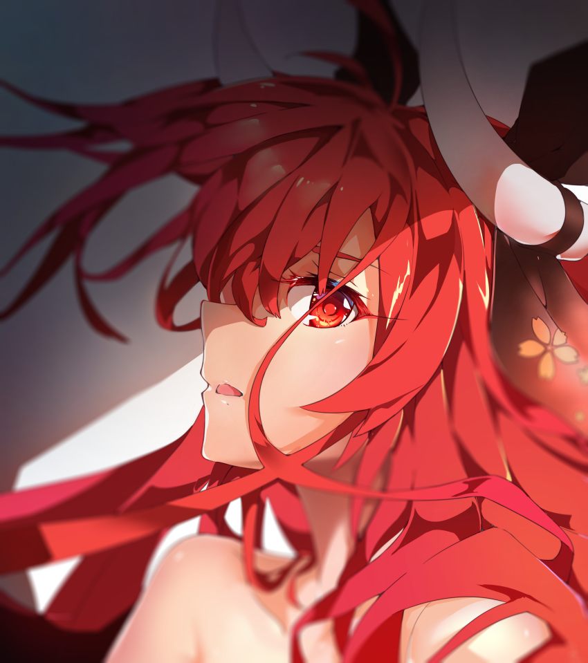 absurdres bare_shoulders commentary_request date_a_live from_side hair_ribbon highres horns itsuka_kotori long_hair open_mouth portrait red_eyes red_hair ribbon solo zipplin