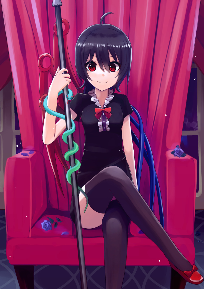 asymmetrical_wings bangs black_dress black_hair black_legwear blue_flower blue_rose bow breasts closed_mouth commentary_request crossed_legs curtains dress eyebrows_visible_through_hair flower frilled_dress frills hair_between_eyes hasu_(lausdys) highres houjuu_nue looking_at_viewer night night_sky red_bow red_eyes rose short_dress short_hair short_sleeves sitting sky small_breasts smile snake solo thighhighs touhou window wings zettai_ryouiki