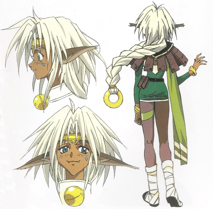 1girl aisha_clanclan animal_ears braid breasts cat_ears circlet dark_skin full_body long_hair outlaw_star reference_sheet simple_background single_braid tail