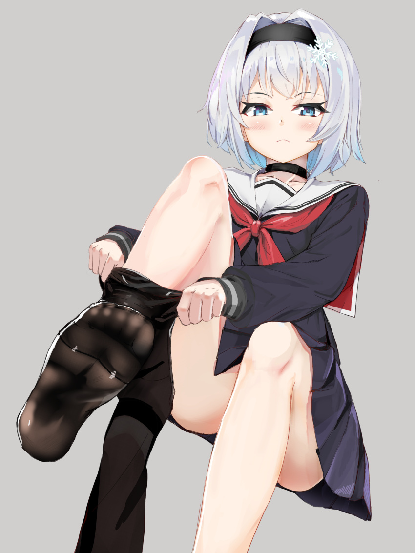 1girl blue_eyes blush choker feet hairband highres light_blue_hair looking_at_viewer no_shoes one_leg_raised pantyhose pov pov_feet ryuuou_no_oshigoto! serafuku soles sora_ginko toes