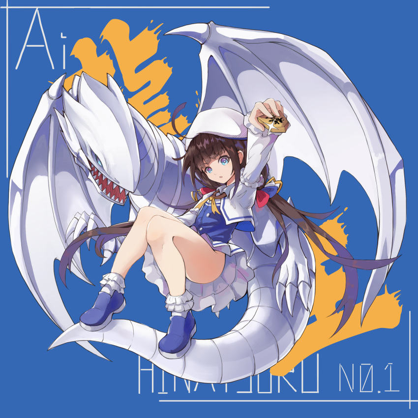 absurdres ahoge animal bangs beret blue-eyes_white_dragon blue_background blue_dress blue_footwear board_game bobby_socks brown_hair character_name claws commentary_request crossover dragon dress eyebrows_visible_through_hair hat highres hinatsuru_ai holding jacket long_hair long_sleeves low_twintails nangua_mache outstretched_arm puffy_short_sleeves puffy_sleeves ryuuou_no_oshigoto! school_uniform sharp_teeth shoes short_over_long_sleeves short_sleeves shougi socks solo sparkle teeth twintails very_long_hair white_hat white_jacket white_legwear yuu-gi-ou