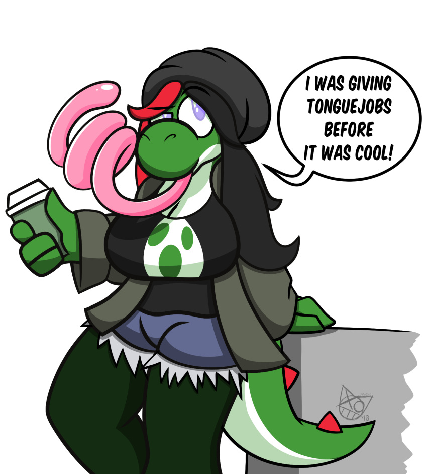 2018 anthro beverage big_breasts black_hair breasts clothed clothing desire_yoshi digital_media_(artwork) dinosaur english_text female green_yoshi hair hi_res hipster mario_bros mr.ink_(artist) multicolored_hair nintendo red_hair scalie shirt shorts simple_background solo standing text tongue video_games yoshi