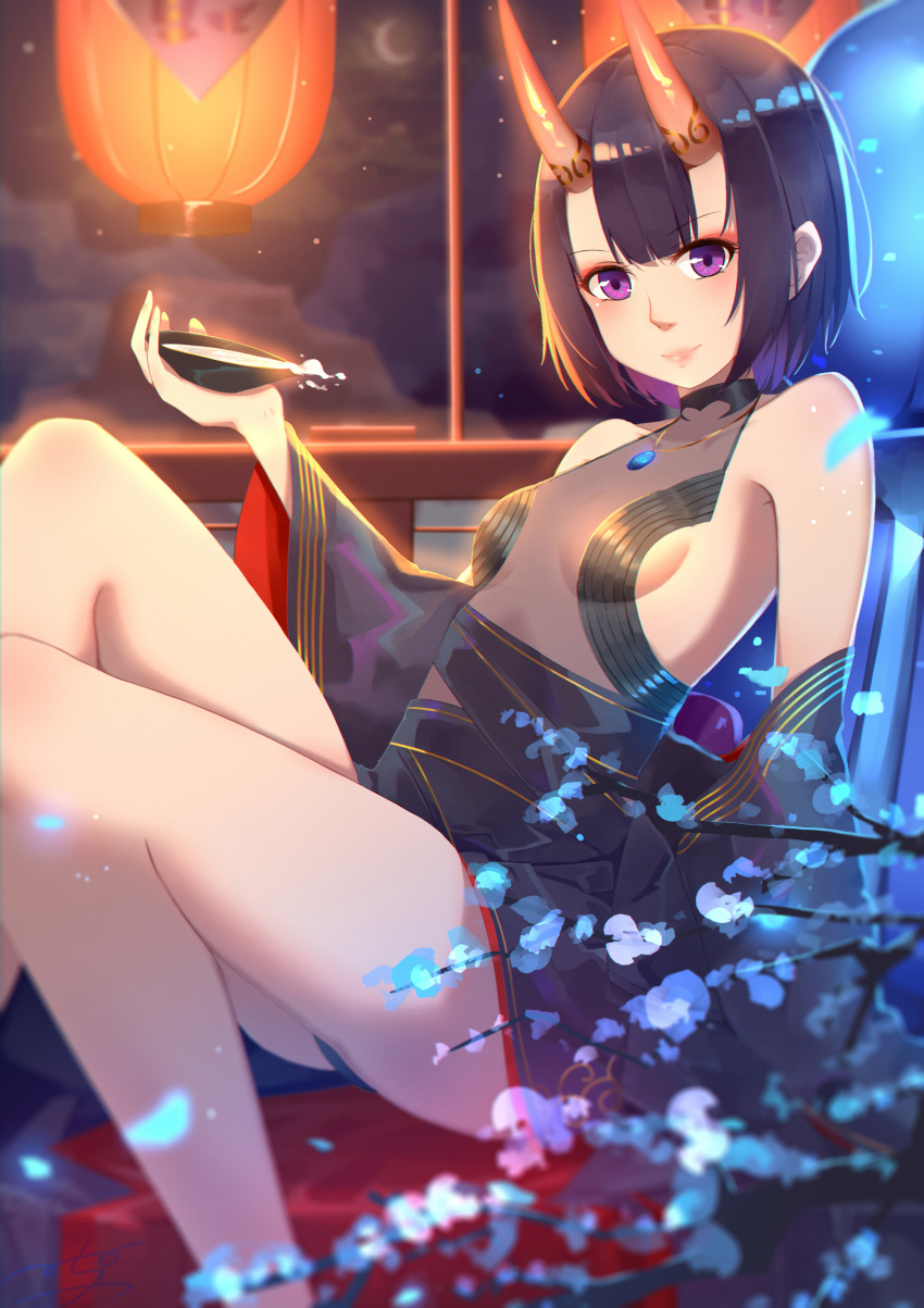 absurdres bangs bare_shoulders black_kimono blue_flower blurry blurry_foreground breasts closed_mouth commentary_request cup depth_of_field eyebrows_visible_through_hair fate/grand_order fate_(series) flower highres holding horns japanese_clothes kimono lantern long_sleeves looking_at_viewer menghuan_tian oni oni_horns paper_lantern purple_eyes purple_hair reclining revealing_clothes sakazuki shuten_douji_(fate/grand_order) sitting small_breasts smile solo wide_sleeves