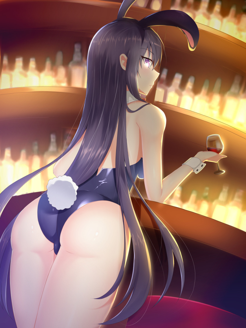 animal_ears ass bar bare_shoulders bottle bunny_ears bunny_tail bunnysuit cowboy_shot cup date_a_live detached_collar drinking_glass fake_animal_ears feng_mouren from_behind highres holding holding_cup indoors leaning_forward long_hair looking_at_viewer looking_back purple_eyes purple_hair solo tail thighs very_long_hair wine_bottle wine_glass wrist_cuffs yatogami_tooka