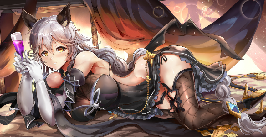 animal_ears bare_shoulders black_dress breasts cat_ears commentary_request covered_navel cup dress drinking_glass erune fishnet_legwear fishnets gloves granblue_fantasy heles high_heels highres himuro_(dobu_no_hotori) large_breasts long_hair lying on_side silver_hair smile solo thighhighs very_long_hair white_gloves wine_glass yellow_eyes