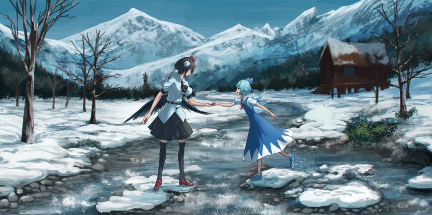 black_hair black_legwear black_skirt blue_bow blue_dress blue_eyes blue_footwear blue_hair blue_sky bow check_commentary cirno commentary_request day dress from_side full_body hair_bow hat highres holding_hands house looking_at_another mountain multiple_girls neck_ribbon open_mouth outdoors pleated_skirt pom_pom_(clothes) profile puffy_short_sleeves puffy_sleeves red_eyes red_footwear red_neckwear red_ribbon ribbon roke_(taikodon) shameimaru_aya shirt shoes short_sleeves skirt sky smile snow standing tassel thighhighs tokin_hat touhou tree white_shirt zettai_ryouiki