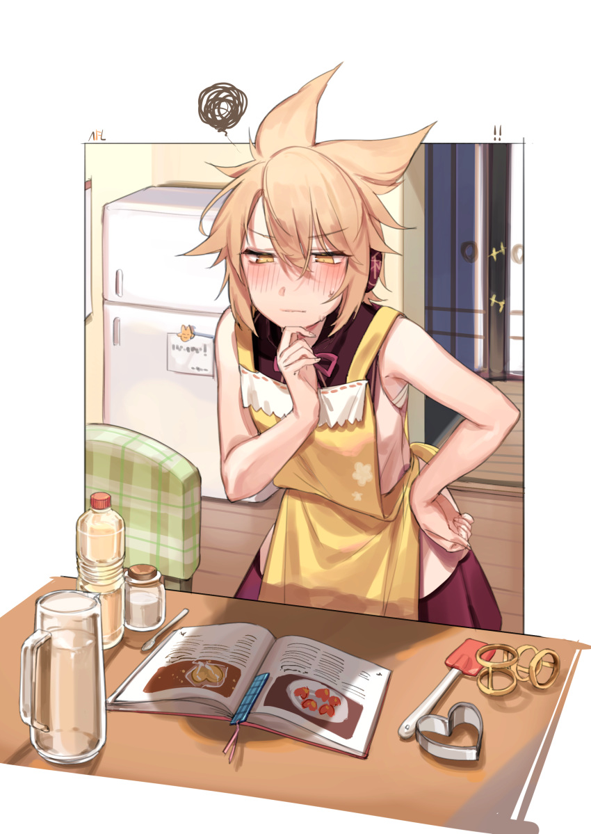 absurdres apron bare_arms blonde_hair blush book bookmark bottle chair commentary_request cork hair_between_eyes hand_on_hip hand_on_own_chin highres indoors jar looking_down pointy_ears purple_skirt refrigerator sarashi shan shirt simple_background skirt sleeveless sleeveless_shirt solo spatula squiggle table touhou toyosatomimi_no_miko white_background white_day wooden_floor yellow_eyes
