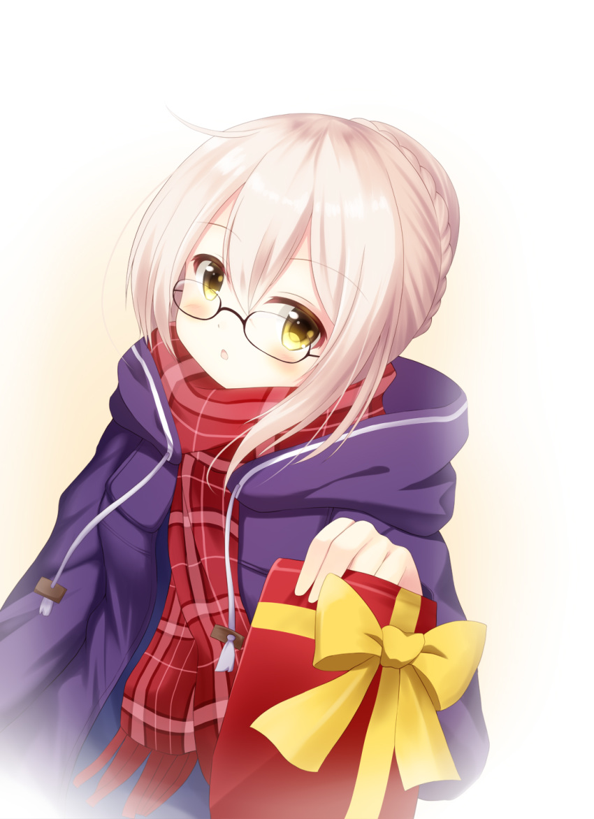 blonde_hair blush dress fate/grand_order gift glasses heroine_x_alter jacket long_hair ponytail scarf yellow_eyes