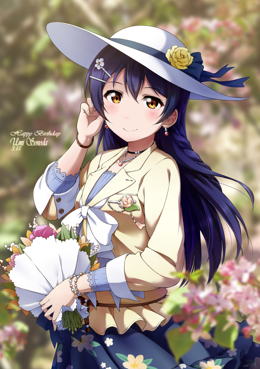 blue_hair blurry blush bouquet bow bracelet character_name choker depth_of_field earrings flower hair_ornament hairclip happy_birthday hat highres jewelry long_hair love_live! love_live!_school_idol_project necklace shiimai smile solo sonoda_umi white_hat yellow_eyes