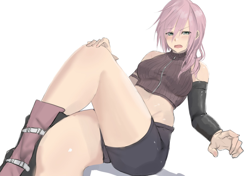 arm_warmers bad_id bad_pixiv_id boots crossed_legs final_fantasy final_fantasy_xiii highres kumamoto_nomii-kun lightning_farron looking_at_viewer open_mouth pink_hair short_shorts shorts simple_background sleeveless solo