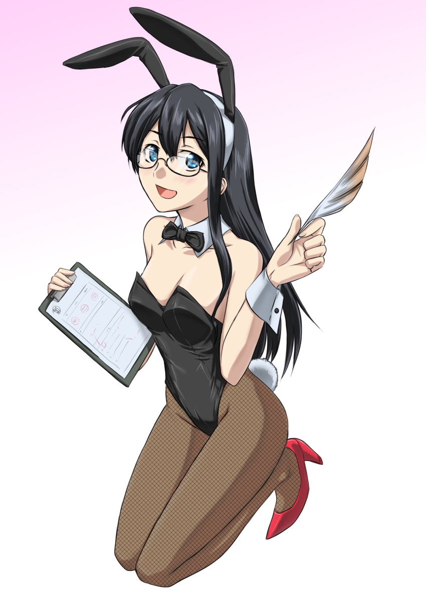 absurdres akito_(sub707) alternate_costume animal_ears black_hair black_leotard black_neckwear blue_eyes bow bowtie breasts brown_legwear bunny_ears bunny_tail bunnysuit clipboard detached_collar fake_animal_ears fishnet_pantyhose fishnets glasses gradient gradient_background hairband high_heels highres kantai_collection kneeling leotard long_hair ooyodo_(kantai_collection) open_mouth pantyhose pink_background quill red_footwear semi-rimless_eyewear small_breasts smile solo strapless strapless_leotard tail under-rim_eyewear white_background wrist_cuffs
