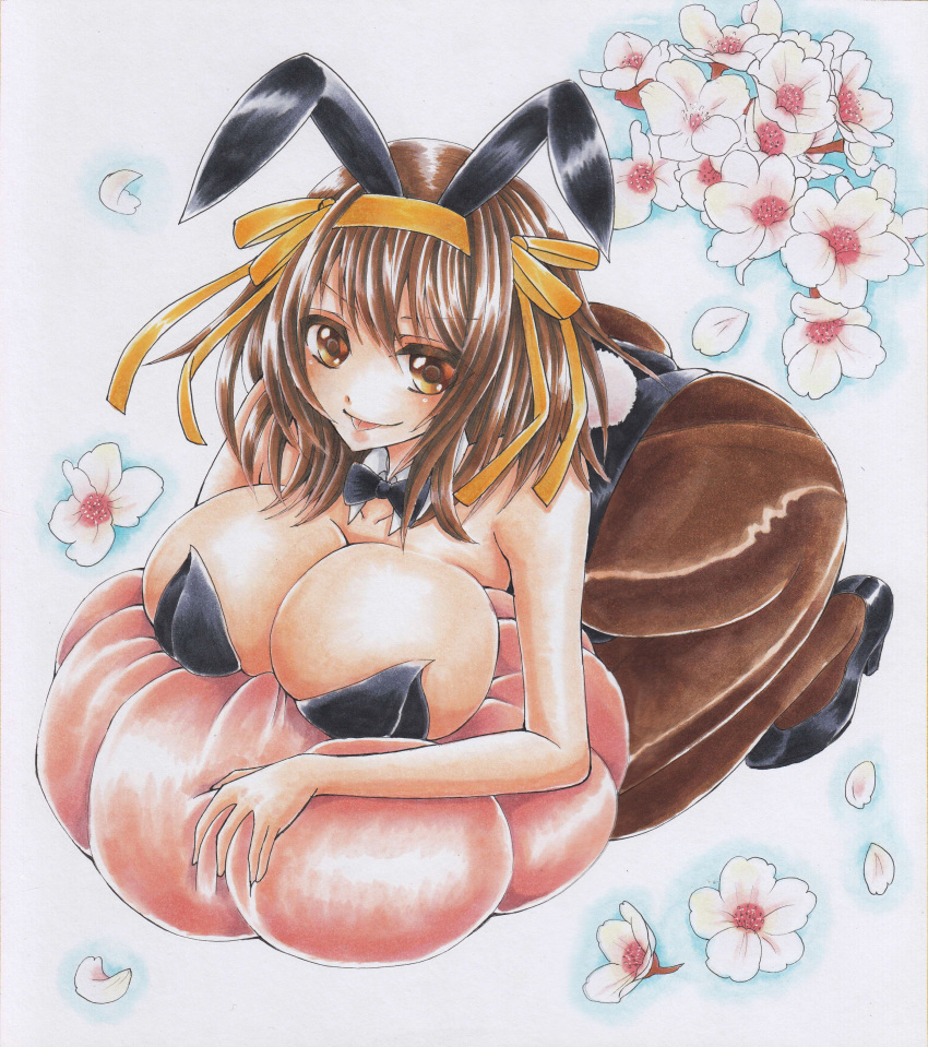 1girl :d artist_request ass blush breasts brown_hair bunnysuit curvy female hairband huge_ass large_breasts leotard looking_at_viewer scan shiny smile solo suzumiya_haruhi suzumiya_haruhi_no_yuuutsu thighhighs traditional_media