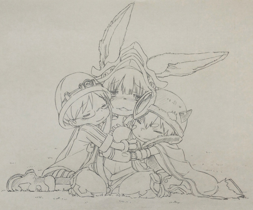 1girl 1other animal_ears blush_stickers bunny_ears cape closed_eyes facial_mark fur_trim furry hat hein_(animehyein) highres horns made_in_abyss nanachi_(made_in_abyss) paper_texture regu_(made_in_abyss) riko_(made_in_abyss) short_hair sitting sweatdrop traditional_media wariza