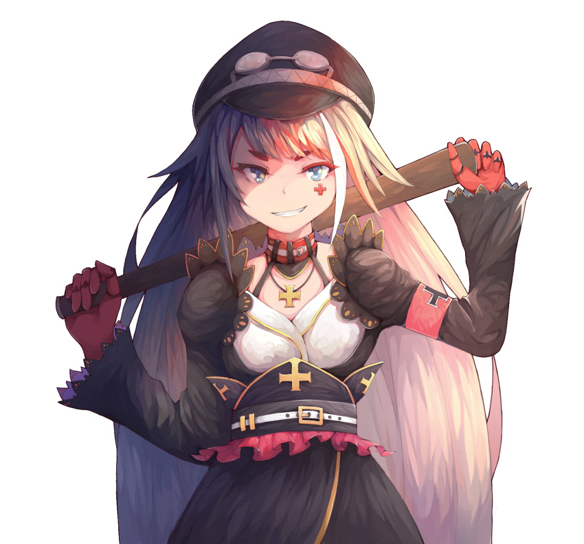 armband azur_lane bangs belt black_hair black_hat blue_eyes breasts buckle choker cross cross_necklace deutschland_(azur_lane) eyebrows_visible_through_hair gloves goggles hat highres holding holding_weapon iron_cross jewelry long_hair long_sleeves looking_at_viewer messy_hair multicolored_hair necklace parted_lips peaked_cap red_hair sidelocks silver_hair small_breasts smile smirk solo streaked_hair thick_eyebrows very_long_hair weapon wide_sleeves yang_zheng_yu