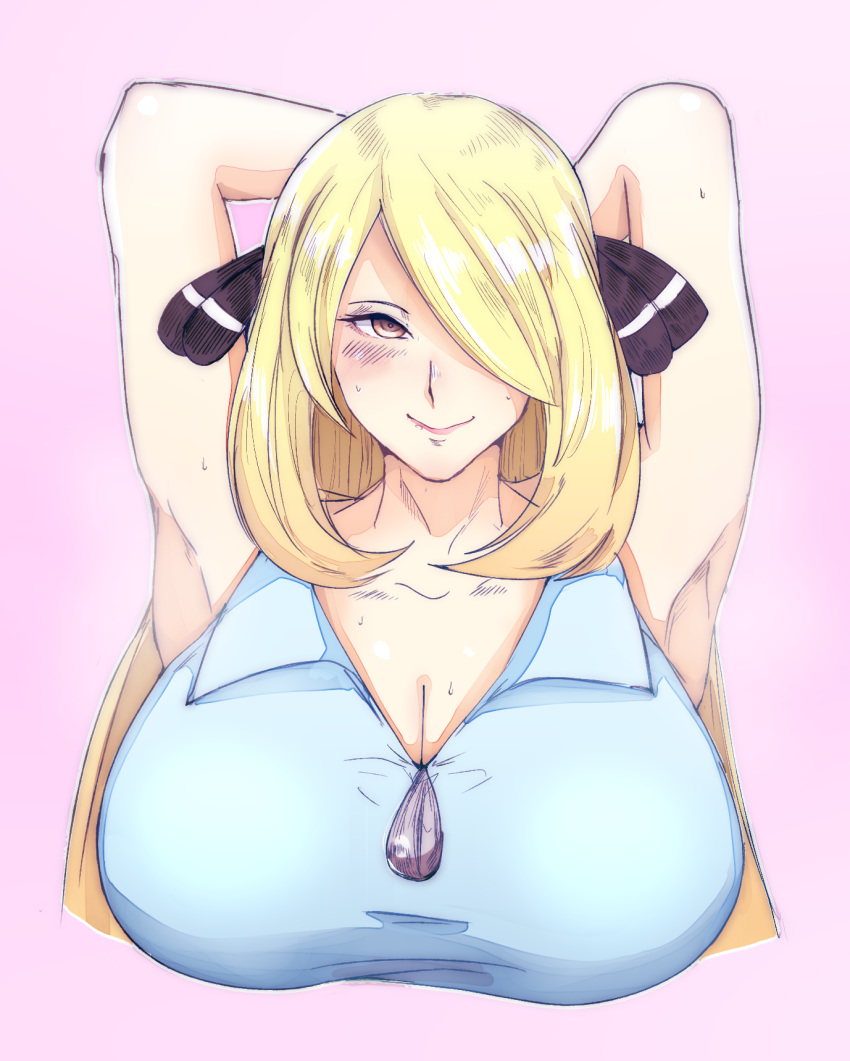 1girl armpits arms_up bare_arms blonde_hair blue_shirt blush breasts brown_eyes cleavage female hair_ornament hair_over_one_eye half-closed_eyes highres huge_breasts long_hair looking_at_viewer pink_background pokemon pokemon_dppt romo shirona_(pokemon) shirt simple_background sleeveless sleeveless_shirt smile solo sweat upper_body