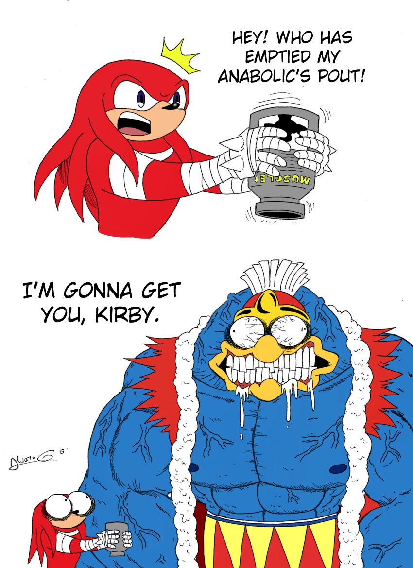 abs anthro areola avian biceps bird clenched_teeth clothed clothing cross-eyed crossover dialogue drooling echidna english_text gums hat hi_res humor hyper hyper_muscles kibarokun king king_dedede kirby:_star_allies kirby_(series) kirby_star_allies knuckles_the_echidna looking_up male mammal manly monotreme muscular nintendo nipples o_o open_mouth pecs penguin purple_eyes royalty saliva size_difference sonic_(series) sonic_boom spikes standing teeth text tongue triceps vein video_games what where_is_your_god_now why