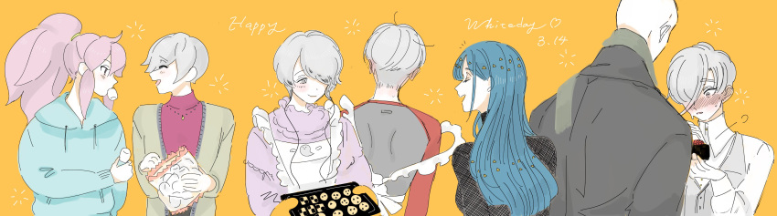 6+others absurdres androgynous antarcticite apron bald blue_hair blush cairngorm_(houseki_no_kuni) cardigan casual closed_eyes contemporary cookie enmi0co food ghost_quartz_(houseki_no_kuni) goshenite_(houseki_no_kuni) grey_eyes grey_hair hair_over_one_eye highres hood hoodie houseki_no_kuni kongou_sensei lapis_lazuli_(houseki_no_kuni) long_hair marshmallow morganite_(houseki_no_kuni) multiple_others orange_background pink_eyes pink_hair ponytail protected_link scarf short_hair smile white_eyes white_hair yellow_background