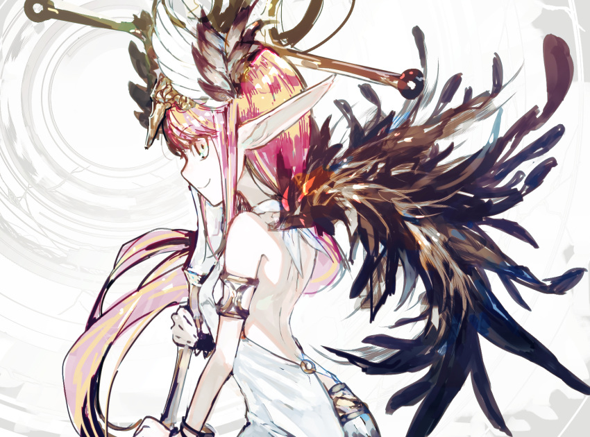 armlet back backless_dress backless_outfit bangs bare_back bare_shoulders black_wings breasts circe_(fate/grand_order) closed_mouth dress eyebrows eyebrows_visible_through_hair fate/grand_order fate_(series) feathered_wings from_side hair_between_eyes halterneck head_wings highres holding holding_staff kusakanmuri long_hair o-ring pink_hair pointy_ears ponytail small_breasts smile solo staff straight_hair very_long_hair white_dress white_eyes white_wings wings