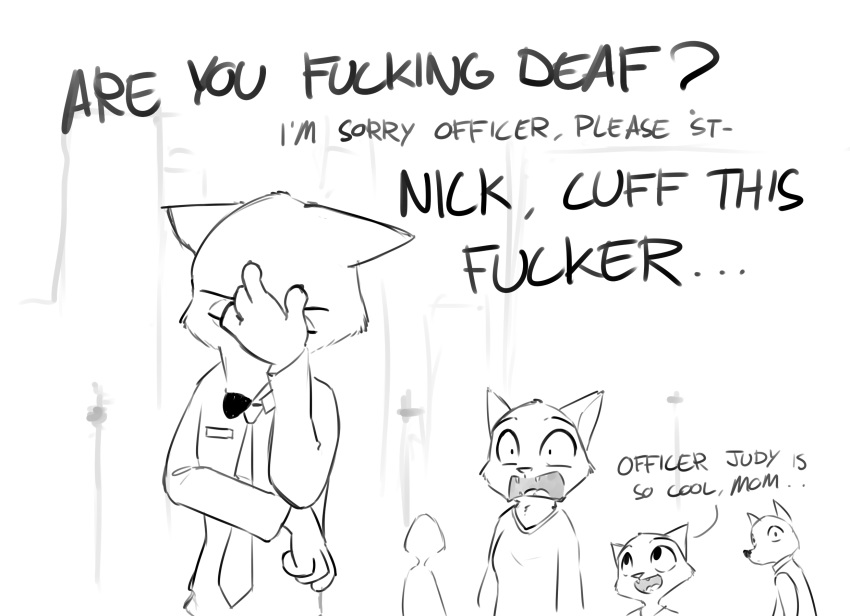 2016 4_fingers alec8ter anthro canine cat clothing comic dialogue digital_drawing_(artwork) digital_media_(artwork) disney english_text facepalm feline fox fur greyscale group hi_res male mammal monochrome necktie nick_wilde open_mouth open_smile police_uniform profanity simple_background sketch smile text uniform white_background zootopia