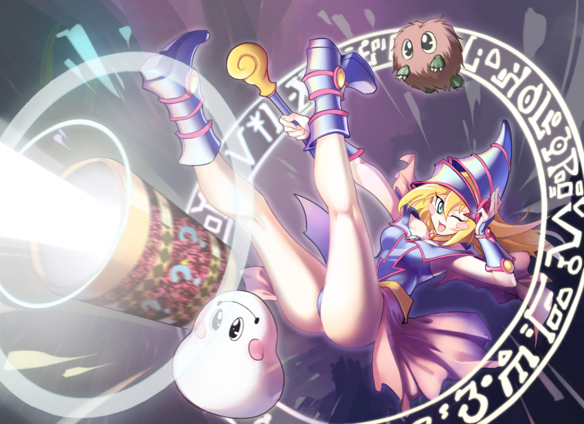 ass bare_shoulders blonde_hair blue_footwear blush_stickers boots breasts choker cleavage commentary dark_magician_girl duel_monster green_eyes hat heiqi_(sharpface) hexagram highres kuriboh large_breasts one_eye_closed panties pentacle pentagram staff underwear wand wizard_hat yuu-gi-ou yuu-gi-ou_duel_monsters