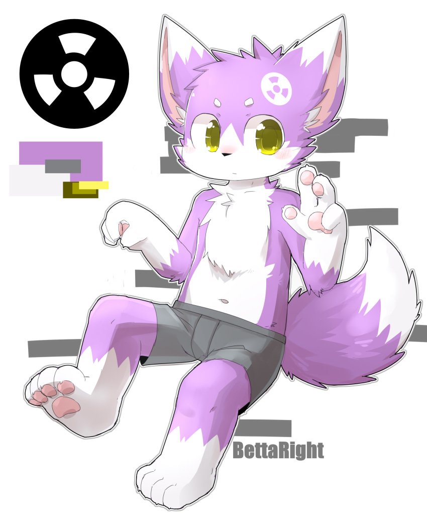 4_fingers 4_toes anthro bettaright black_nose blush boxers_(clothing) canine chest_tuft child clothing cub fox fur kemono mammal navel purple_fur simple_background toes tuft underwear white_fur yellow_eyes young