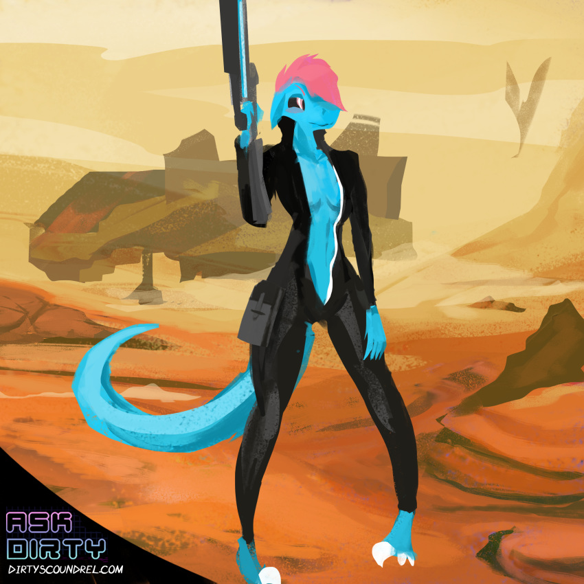 2016 anthro askdirty barren biped black_clothing blue_ears blue_scales blue_tail clothed clothing desert detailed_background digital_media_(artwork) digital_painting_(artwork) dinosaur dirtyscoundrel female front_view fully_clothed gun hair hi_res holding_object holding_weapon jumpsuit landscape outside pink_hair pose ranged_weapon raptor reptile sand scales scalie singh skimpy sky solo standing theropod url vehicle weapon yellow_sky