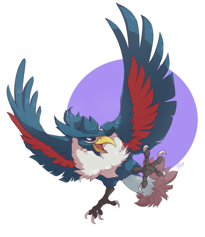 alphakupo anisodactyl avian beak blue_feathers countershading feathered_wings feathers honchkrow nintendo open_mouth pink_tongue pok&eacute;mon pok&eacute;mon_(species) red_eyes red_feathers talons tongue video_games white_feathers wings yellow_beak