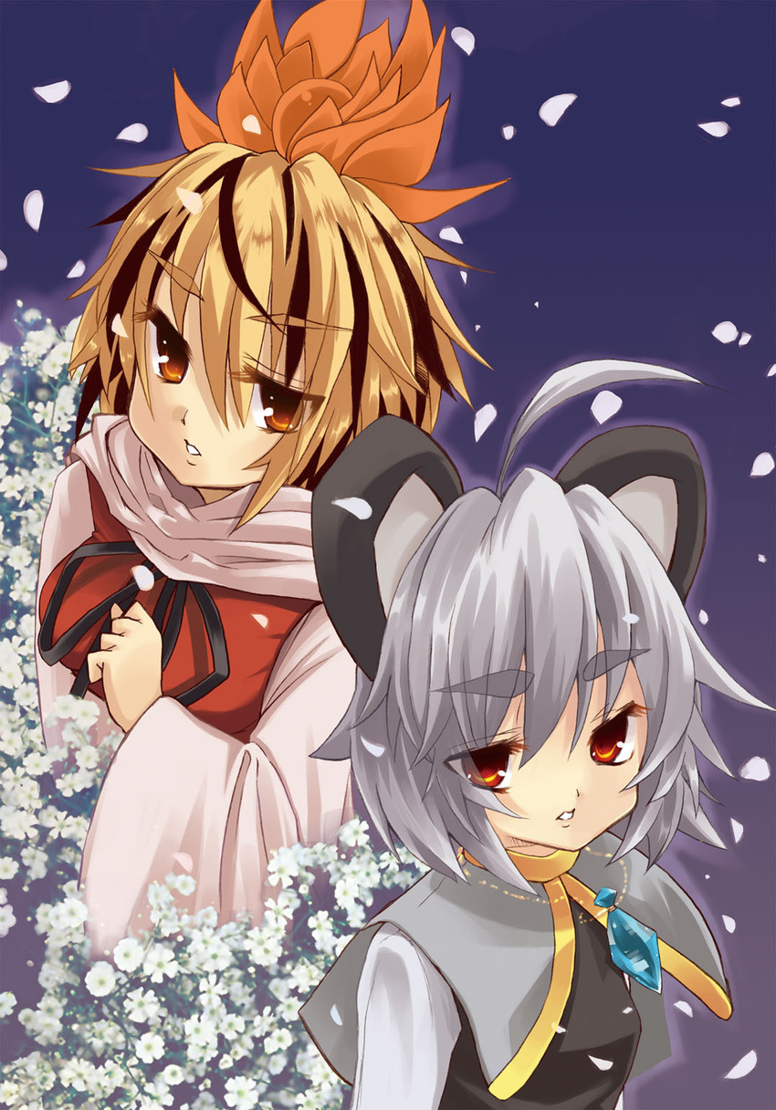 animal_ears blonde_hair eyebrows flower grey_hair hair_ornament highres mouse_ears multiple_girls nazrin red_eyes short_hair toramaru_shou touhou usa-pom yellow_eyes