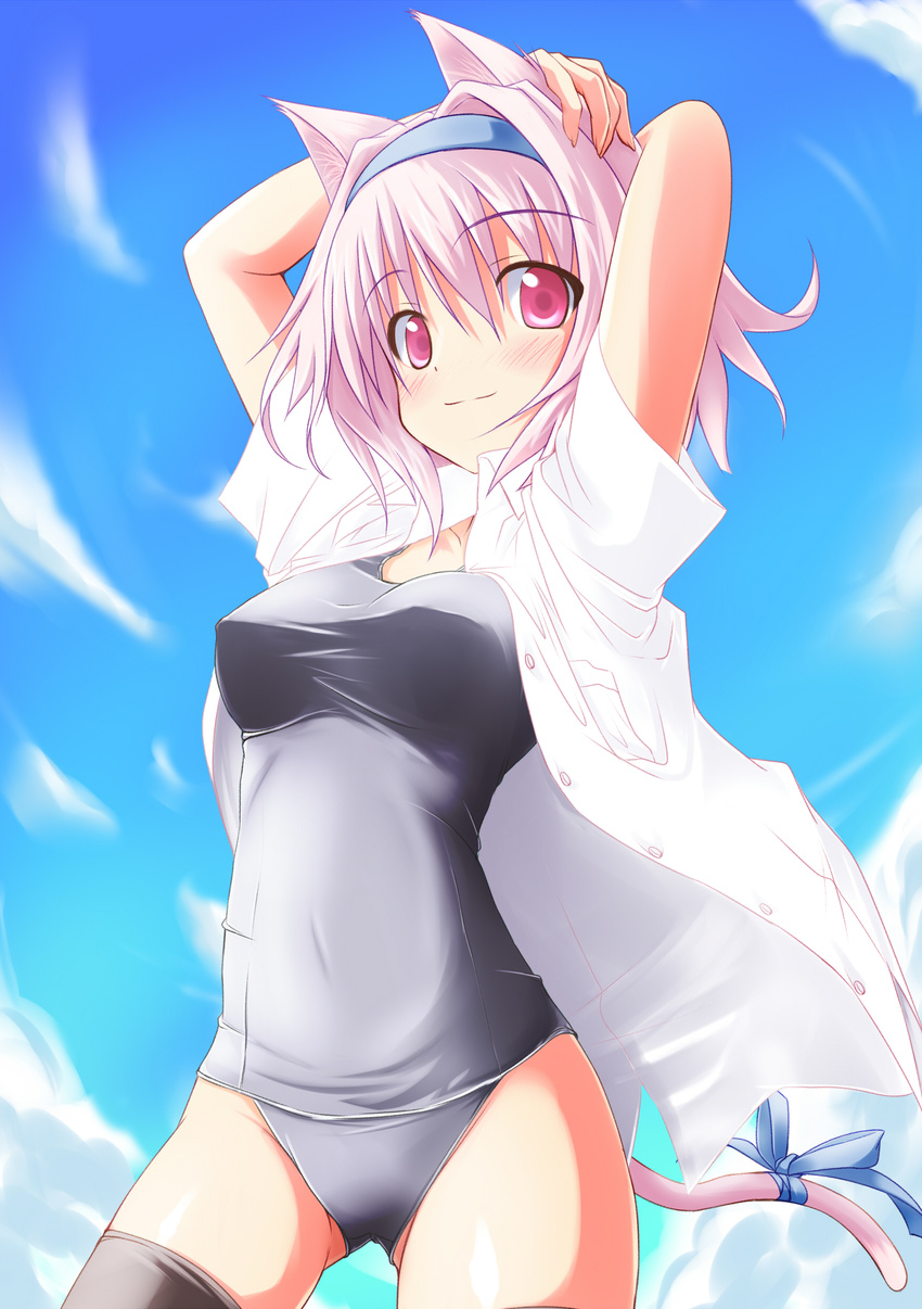 absurdres animal_ears arms_up cat_ears cat_tail day hairband hands_on_own_head highres nirap no_pants one-piece_swimsuit open_clothes open_shirt original pink_eyes pink_hair ribbon school_swimsuit shirt sky smile solo swimsuit swimsuit_under_clothes tail tail_ribbon thighhighs
