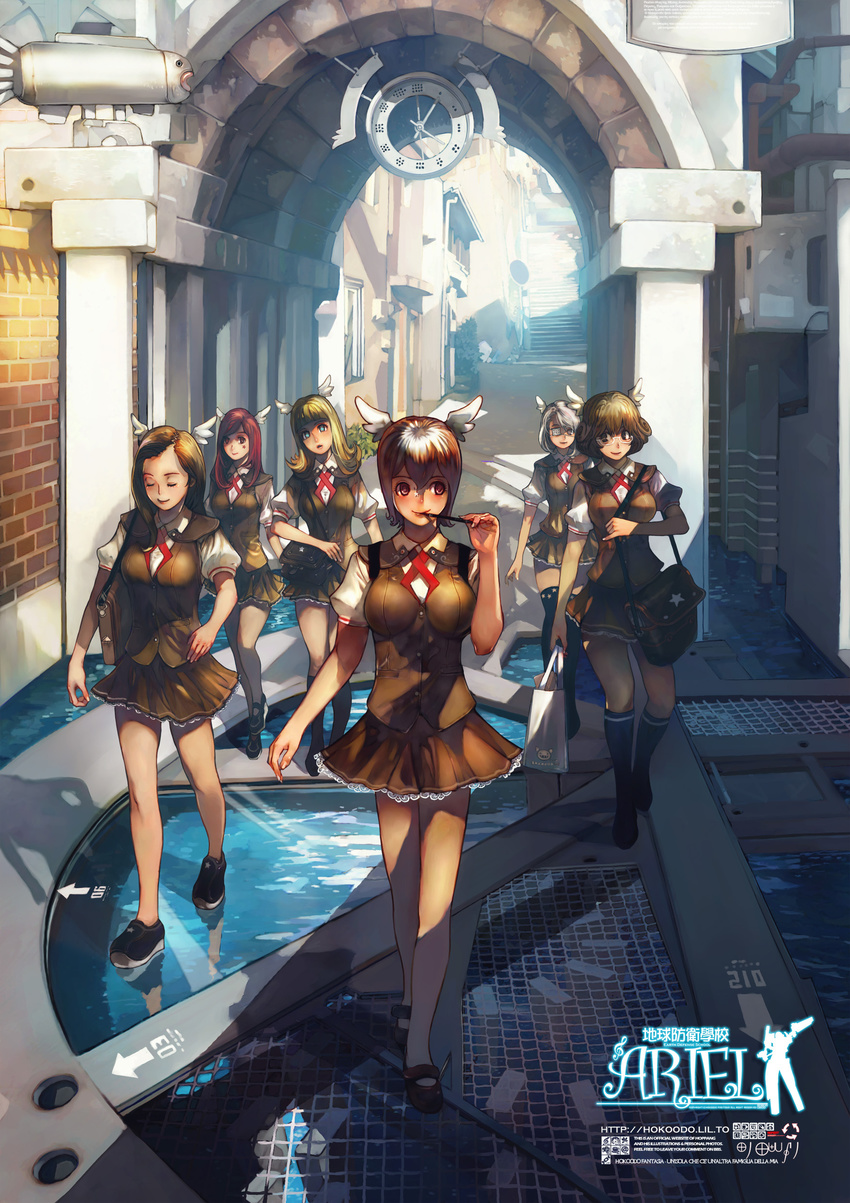 absurdres bag brown_hair clock eyepatch head_wings highres hokoodo legs multiple_girls original school_uniform shopping_bag skirt star thighhighs