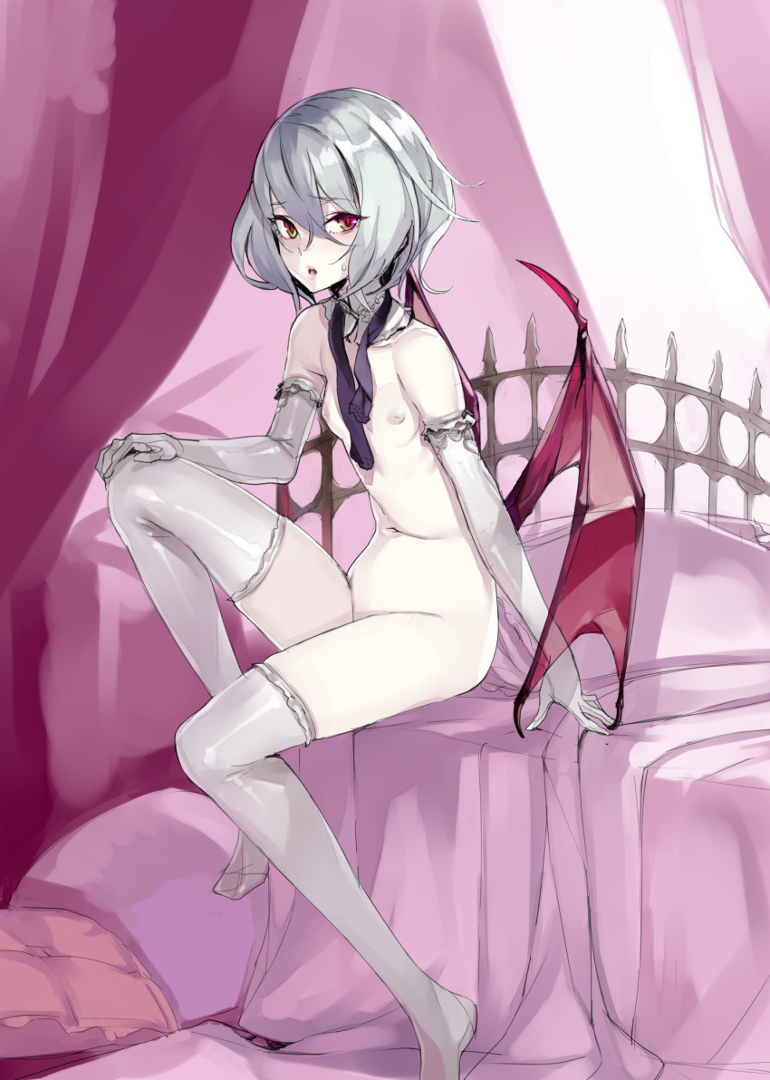 bat_wings breasts brown_eyes curtains detached_collar elbow_gloves fakepucco gloves grey_gloves grey_legwear hair_between_eyes hand_on_own_knee highres knee_up looking_at_viewer nipples nude on_bed petite pink_eyes purple_neckwear remilia_scarlet silver_hair sitting sketch small_breasts solo thighhighs touhou vampire wings