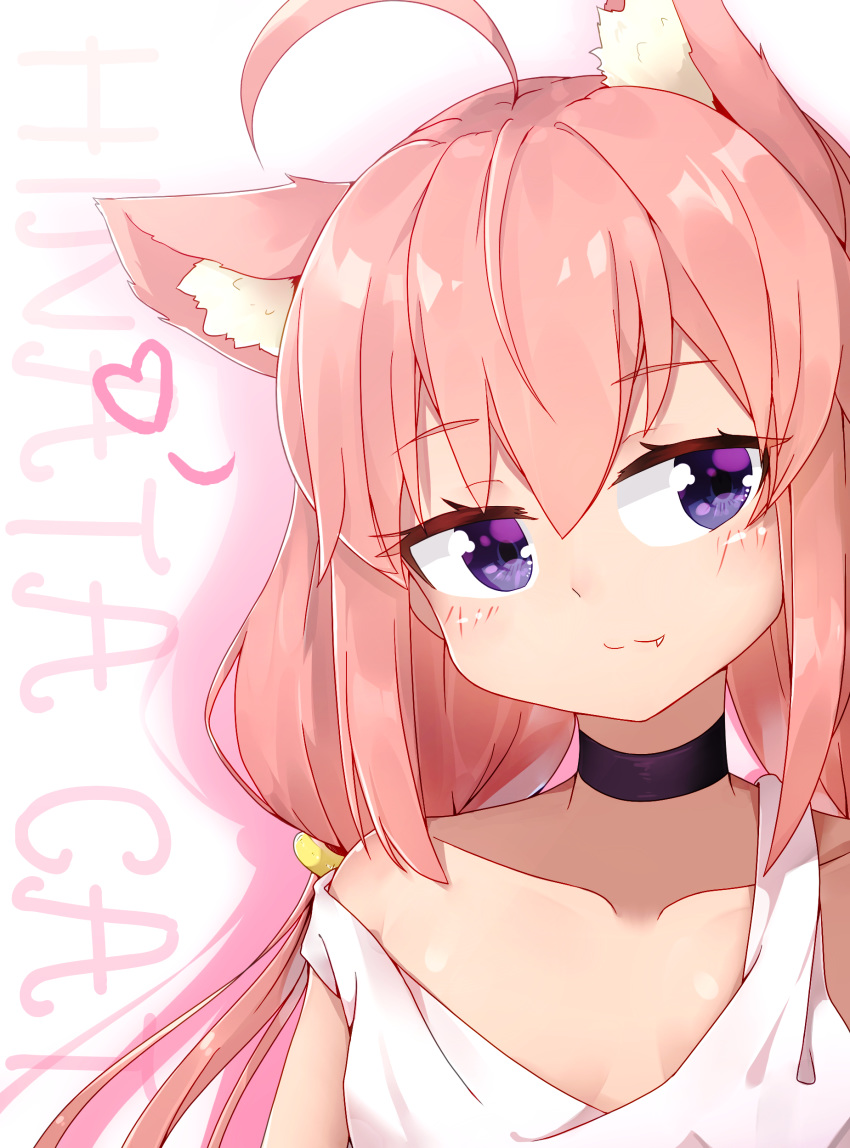 absurdres ahoge animal_ear_fluff animal_ears cat_ears character_name choker collarbone fang highres hinata_channel long_hair low_twintails nekomiya_hinata pg_(pege544) pink_hair purple_eyes smile solo strap_slip twintails upper_body vest virtual_youtuber white_vest